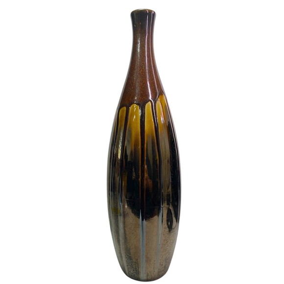 Lacquer Gold Brown Shimmer Drip Foiled Ceramic Vase TableTop Home Decor Art Deco - Picture 2 of 12